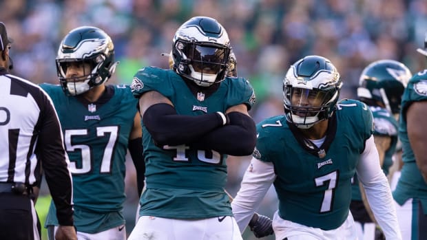 Jan 1, 2023; Philadelphia, Pennsylvania, USA; Philadelphia Eagles linebacker Kyzir White (43) celebrates with linebacker Haason Reddick (7) after a defensive stop against the New Orleans Saints during the fourth quarter at Lincoln Financial Field.